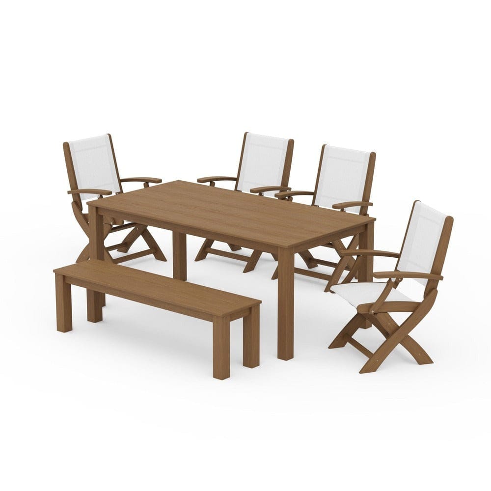 POLYWOOD® Outdoor Furniture Natural / White Sling POLYWOOD® - Coastal Folding Chair 6-Piece Parsons Dining Set with Bench - PWS2272