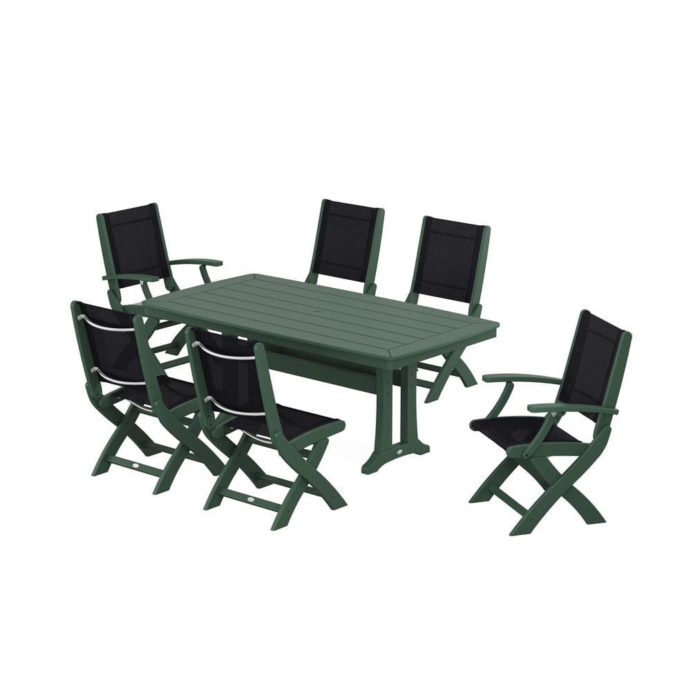 POLYWOOD® Outdoor Furniture Green / Black Sling POLYWOOD® - Coastal Folding Chair 7-Piece Dining Set with Trestle Legs - PWS1037