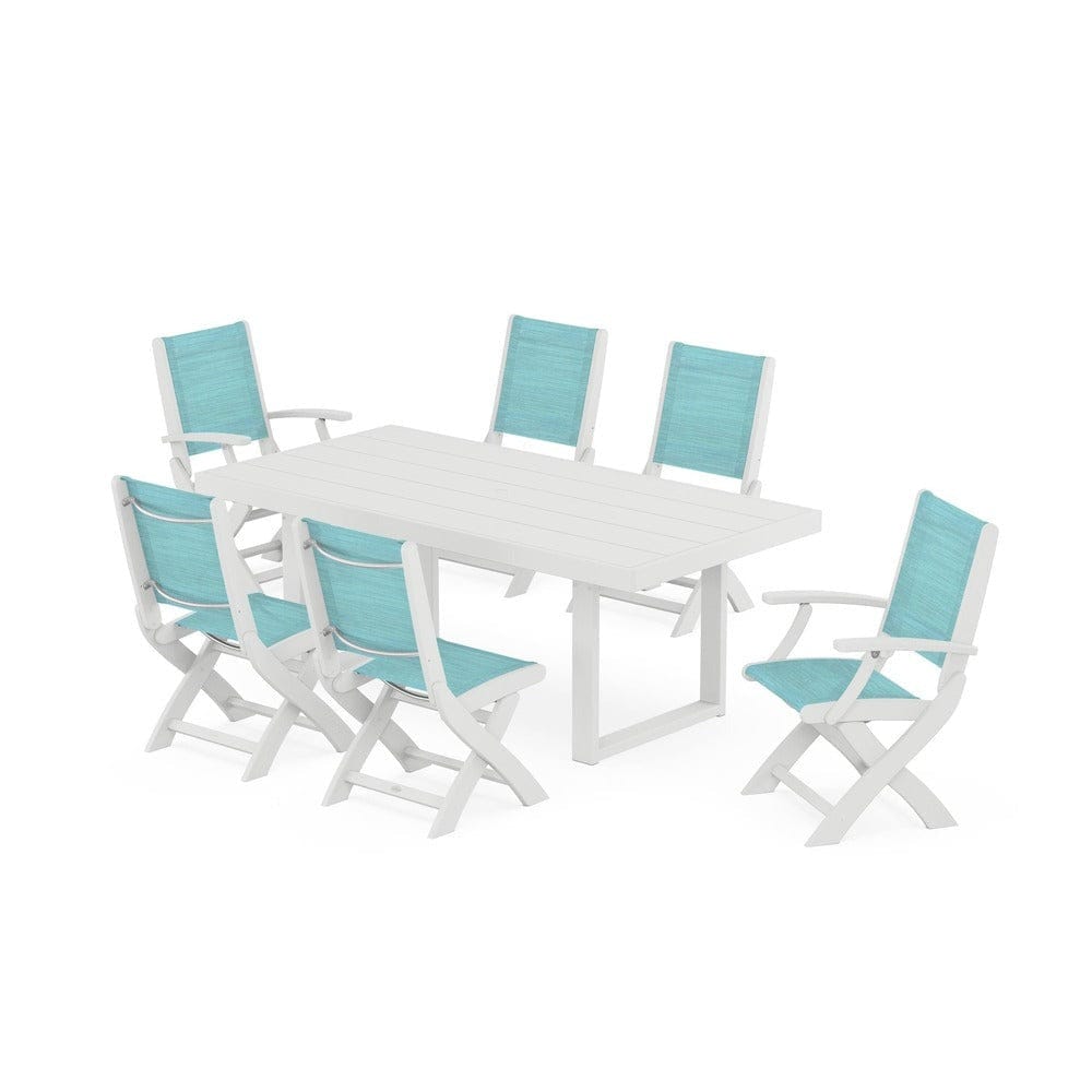 POLYWOOD® Outdoor Furniture White / Dupioni Aquamarine Sling POLYWOOD® - Coastal Folding Chair 7-Piece Dining Set with Trestle Legs - PWS871