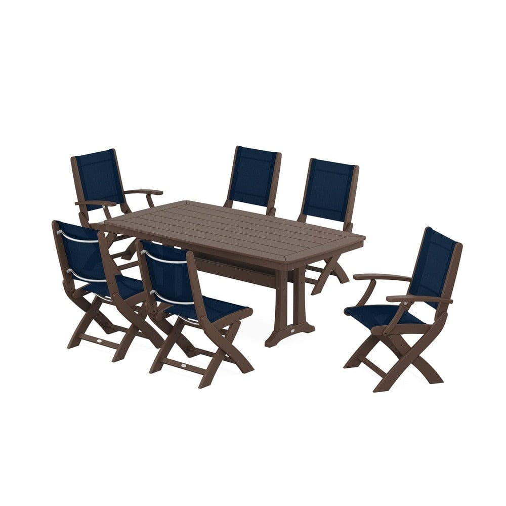 POLYWOOD® Outdoor Furniture Mahogany / Navy Blue Sling POLYWOOD® - Coastal Folding Chair 7-Piece Dining Set with Trestle Legs - PWS1037