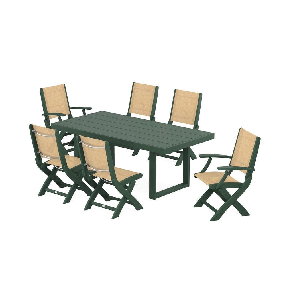 POLYWOOD® Outdoor Furniture Green / Dupioni Apricot Sling POLYWOOD® - Coastal Folding Chair 7-Piece Dining Set with Trestle Legs - PWS871