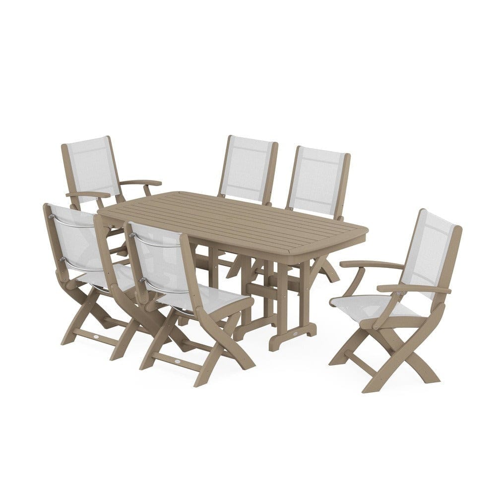 POLYWOOD® Outdoor Furniture Vintage Sahara / White Sling POLYWOOD® - Coastal Folding Chair 7-Piece Dining Set - PWS1264