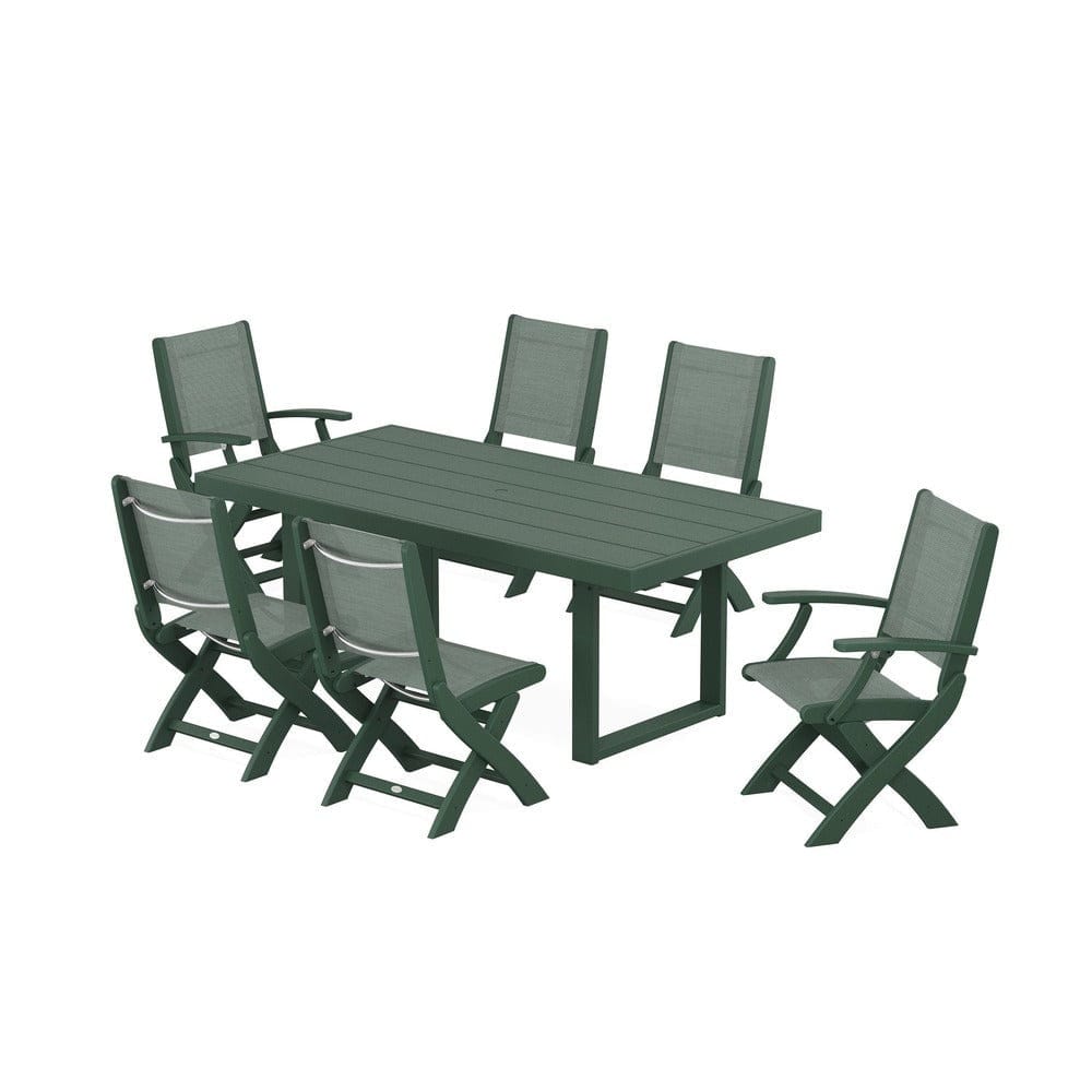 POLYWOOD® Outdoor Furniture Green / Dupioni Sea Mist Sling POLYWOOD® - Coastal Folding Chair 7-Piece Dining Set with Trestle Legs - PWS871