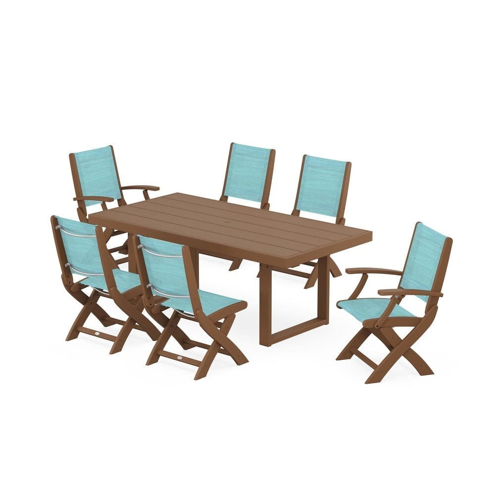 POLYWOOD® Outdoor Furniture Teak / Dupioni Aquamarine Sling POLYWOOD® - Coastal Folding Chair 7-Piece Dining Set with Trestle Legs - PWS871