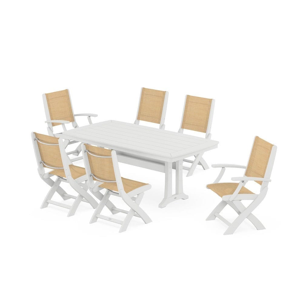 POLYWOOD® Outdoor Furniture White / Dupioni Apricot Sling POLYWOOD® - Coastal Folding Chair 7-Piece Dining Set with Trestle Legs - PWS1037