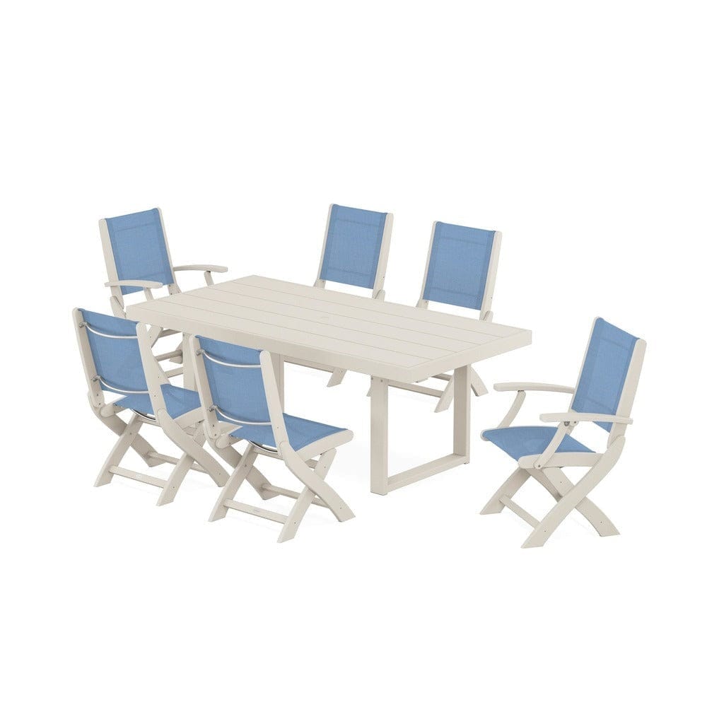 POLYWOOD® Outdoor Furniture Sand / Poolside Sling POLYWOOD® - Coastal Folding Chair 7-Piece Dining Set with Trestle Legs - PWS871