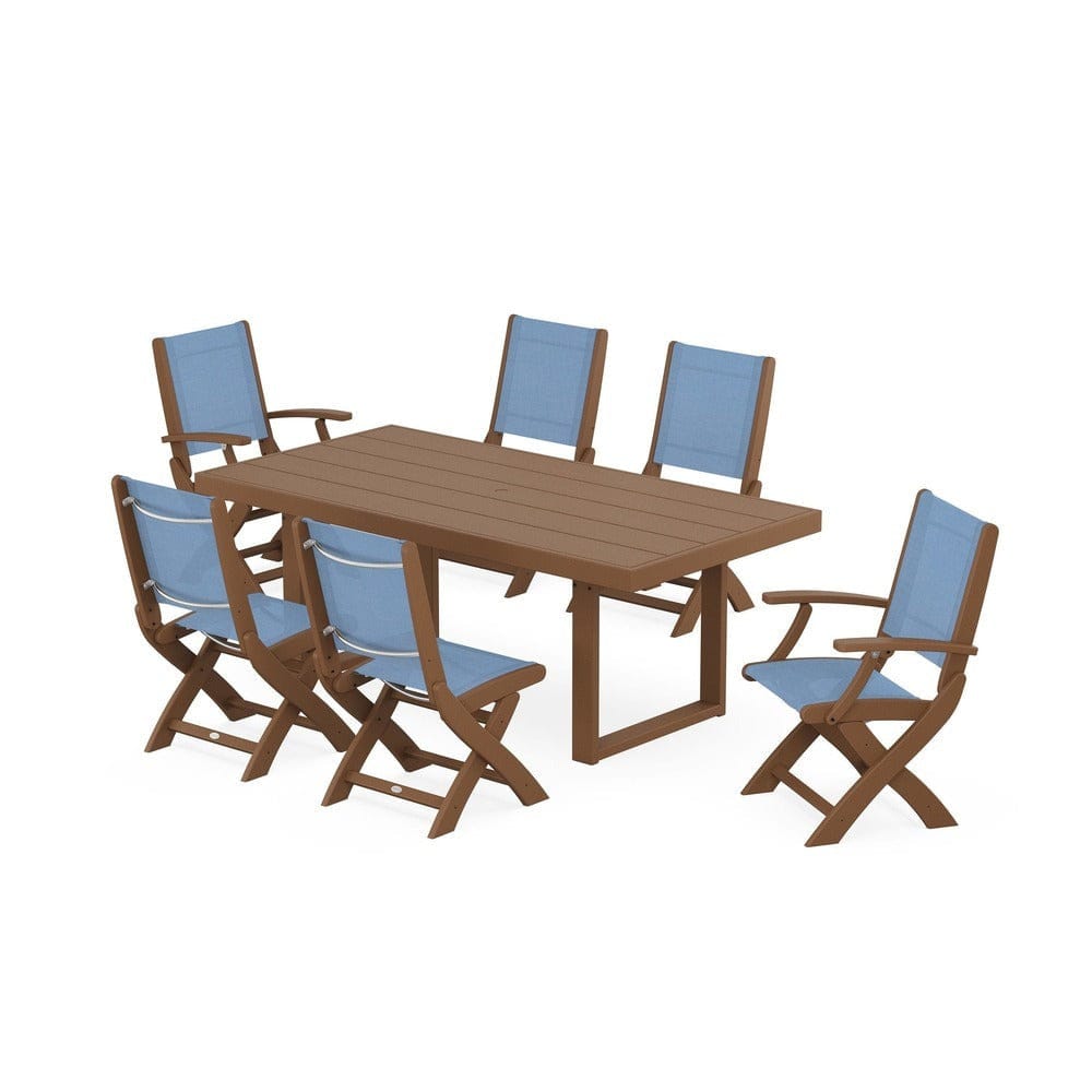 POLYWOOD® Outdoor Furniture Teak / Poolside Sling POLYWOOD® - Coastal Folding Chair 7-Piece Dining Set with Trestle Legs - PWS871