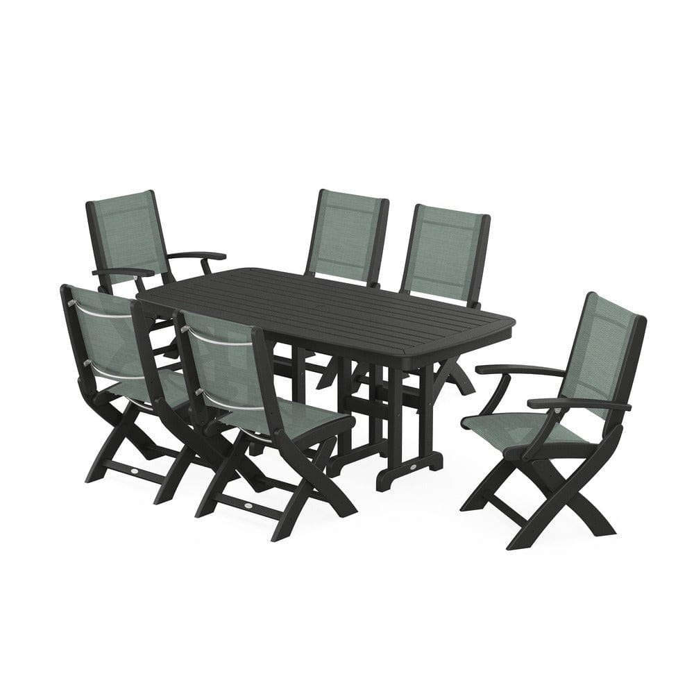 POLYWOOD® Outdoor Furniture Black / Dupioni Sea Mist Sling POLYWOOD® - Coastal Folding Chair 7-Piece Dining Set - PWS1264
