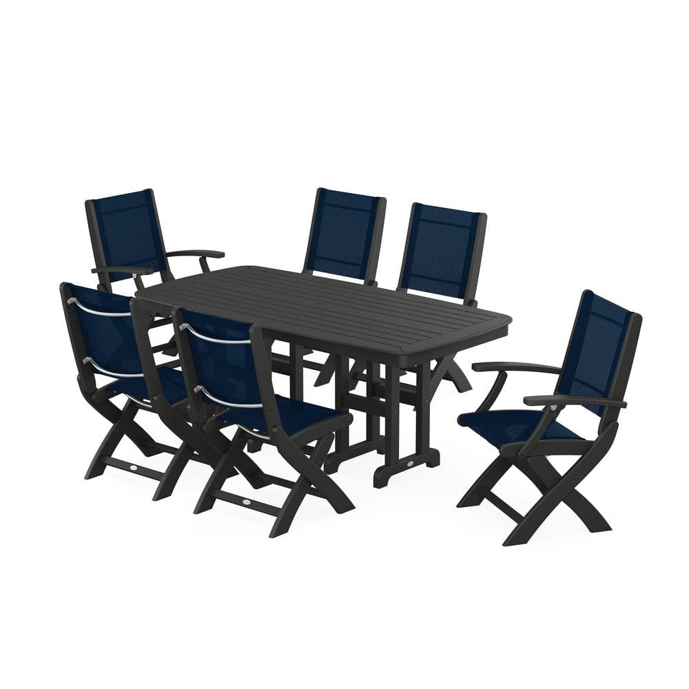 POLYWOOD® Outdoor Furniture Black / Navy Blue Sling POLYWOOD® - Coastal Folding Chair 7-Piece Dining Set - PWS1264