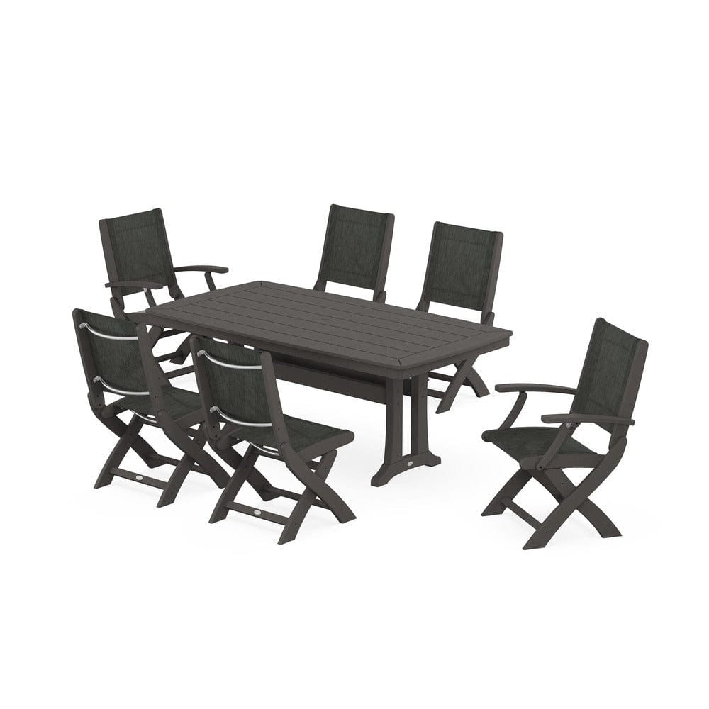 POLYWOOD® - Coastal Folding Chair 7-Piece Dining Set with Trestle Legs - PWS1037 Outdoor Furniture POLYWOOD®