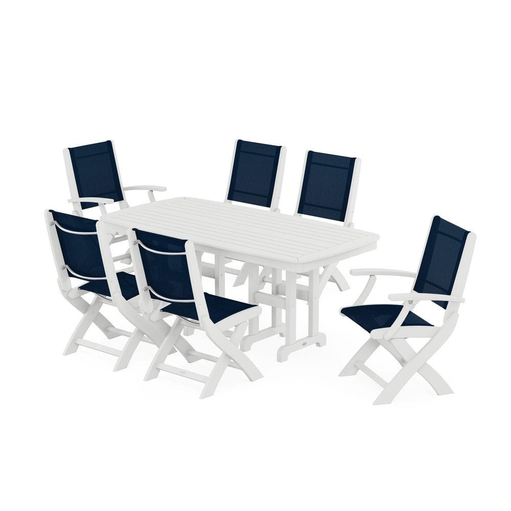 POLYWOOD® Outdoor Furniture White / Navy Blue Sling POLYWOOD® - Coastal Folding Chair 7-Piece Dining Set - PWS1264