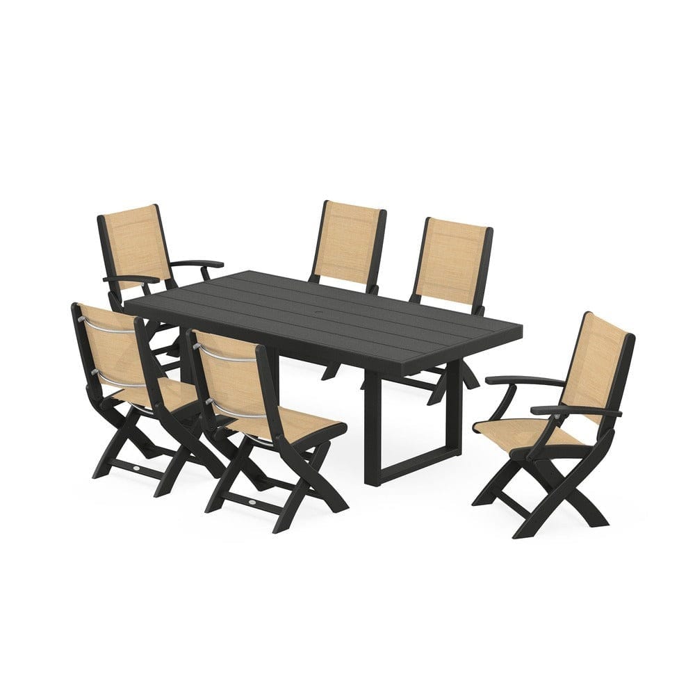 POLYWOOD® Outdoor Furniture Black / Dupioni Apricot Sling POLYWOOD® - Coastal Folding Chair 7-Piece Dining Set with Trestle Legs - PWS871
