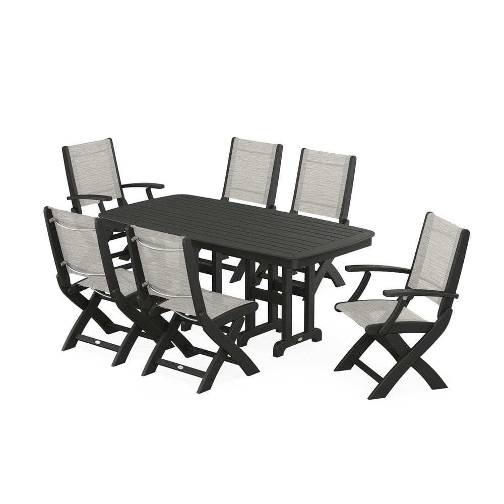POLYWOOD® Outdoor Furniture Black / Birch Sling POLYWOOD® - Coastal Folding Chair 7-Piece Dining Set - PWS1264