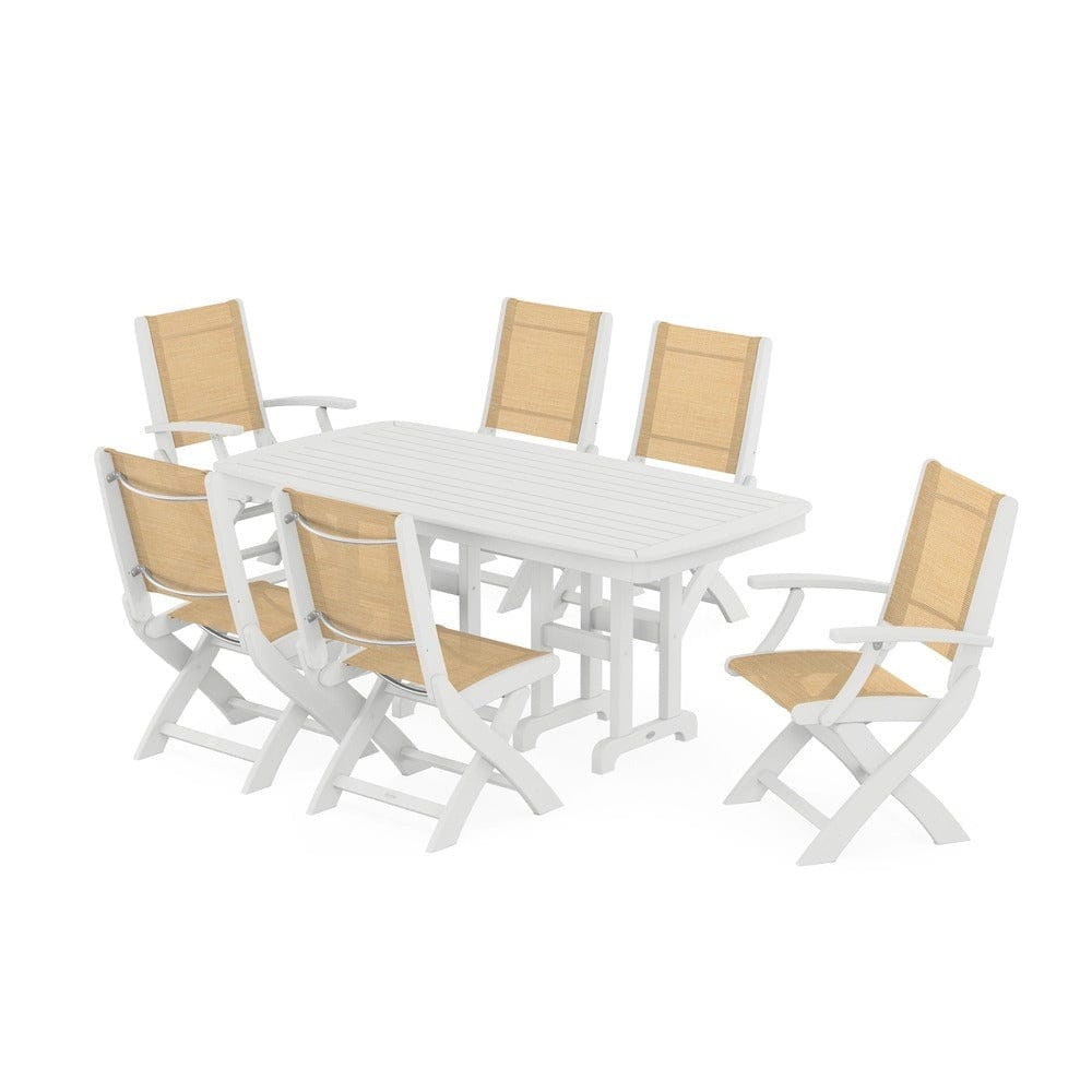 POLYWOOD® Outdoor Furniture White / Dupioni Apricot Sling POLYWOOD® - Coastal Folding Chair 7-Piece Dining Set - PWS1264
