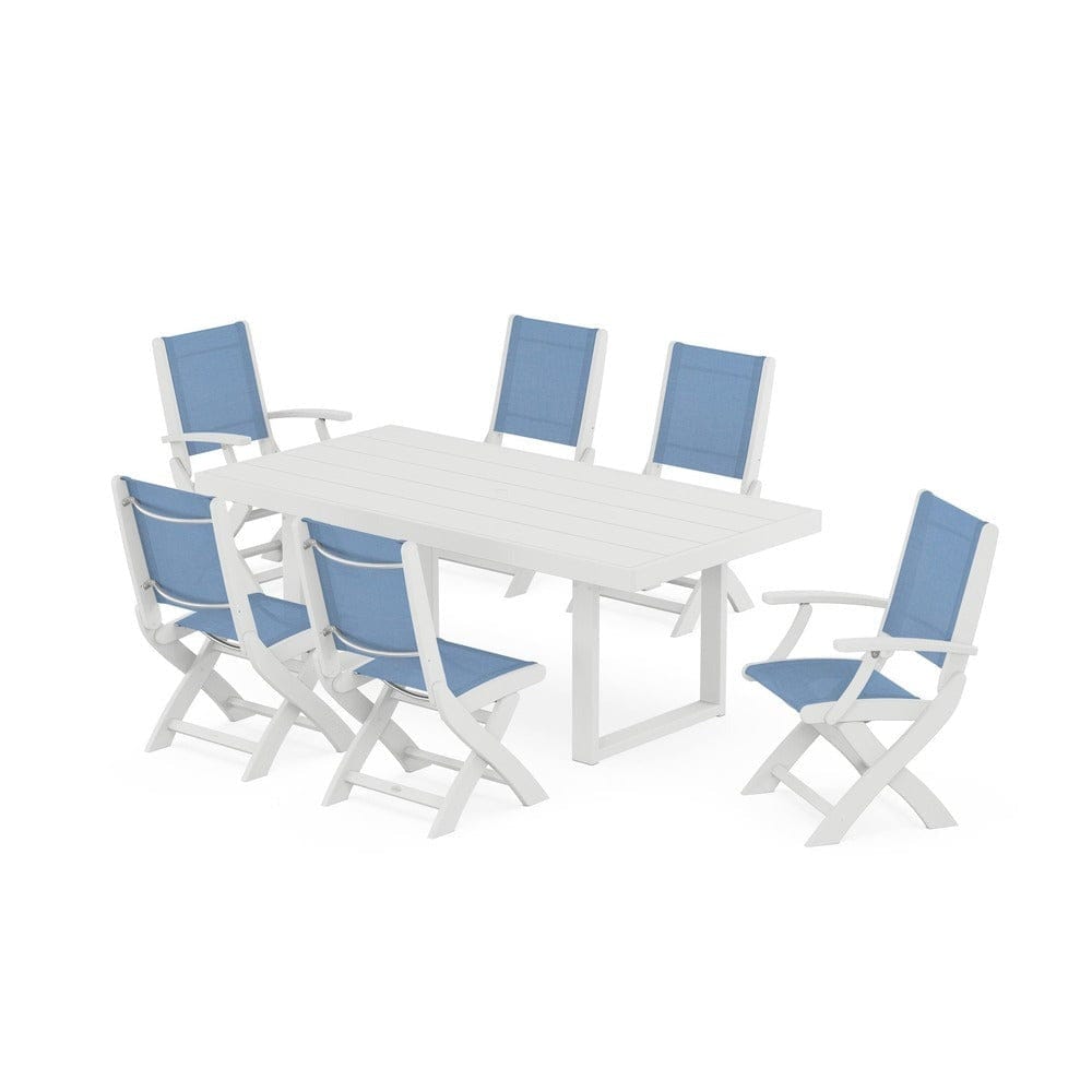 POLYWOOD® Outdoor Furniture White / Poolside Sling POLYWOOD® - Coastal Folding Chair 7-Piece Dining Set with Trestle Legs - PWS871