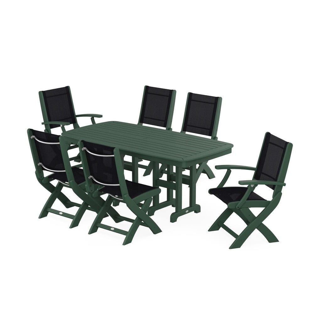 POLYWOOD® Outdoor Furniture Green / Black Sling POLYWOOD® - Coastal Folding Chair 7-Piece Dining Set - PWS1264