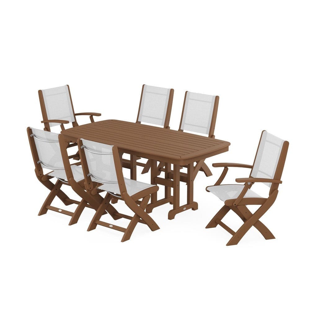 POLYWOOD® Outdoor Furniture Teak / White Sling POLYWOOD® - Coastal Folding Chair 7-Piece Dining Set - PWS1264