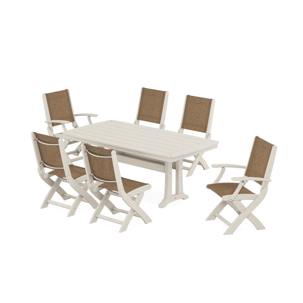 POLYWOOD® Outdoor Furniture Sand / Burlap Sling POLYWOOD® - Coastal Folding Chair 7-Piece Dining Set with Trestle Legs - PWS1037