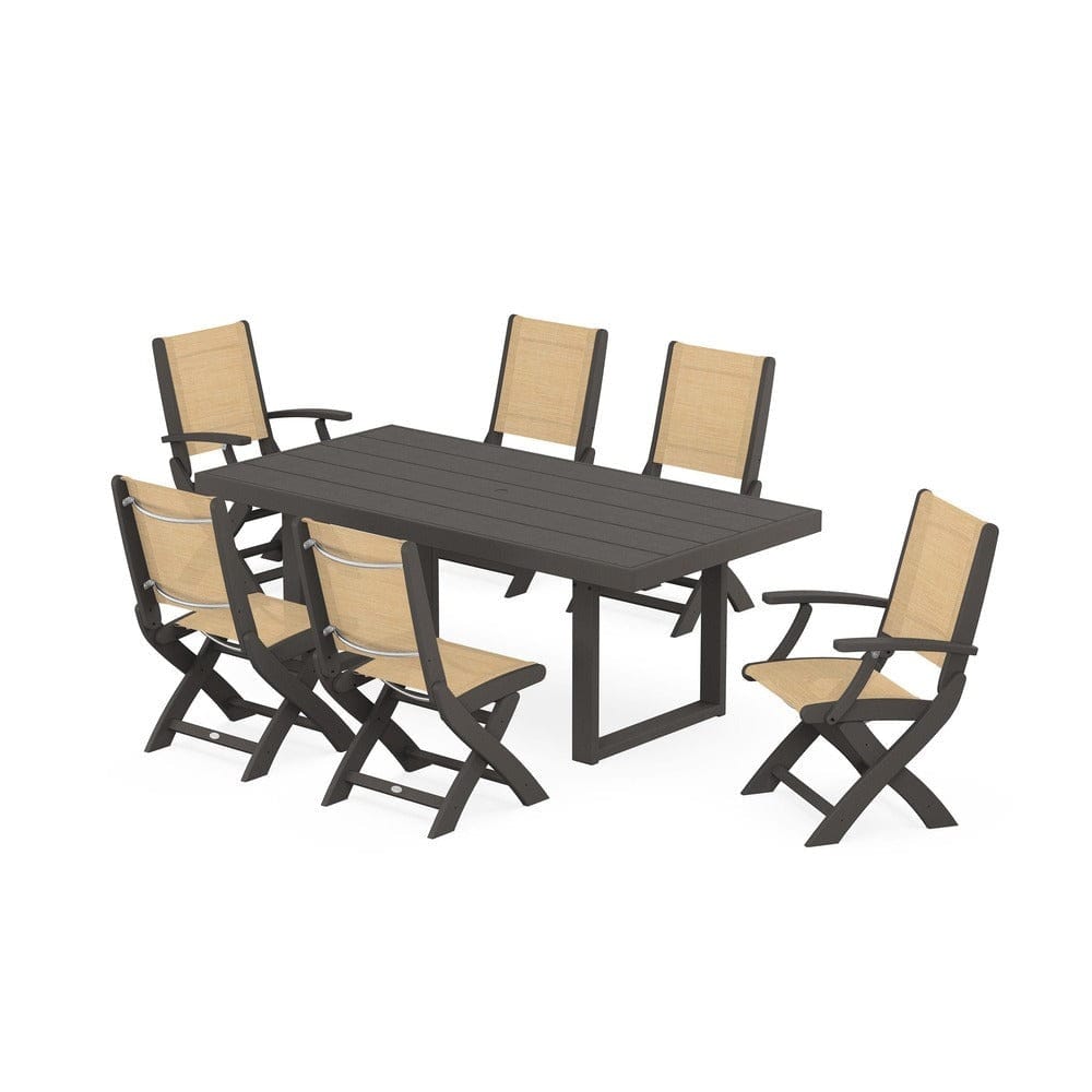 POLYWOOD® Outdoor Furniture Vintage Coffee / Dupioni Apricot Sling POLYWOOD® - Coastal Folding Chair 7-Piece Dining Set with Trestle Legs - PWS871