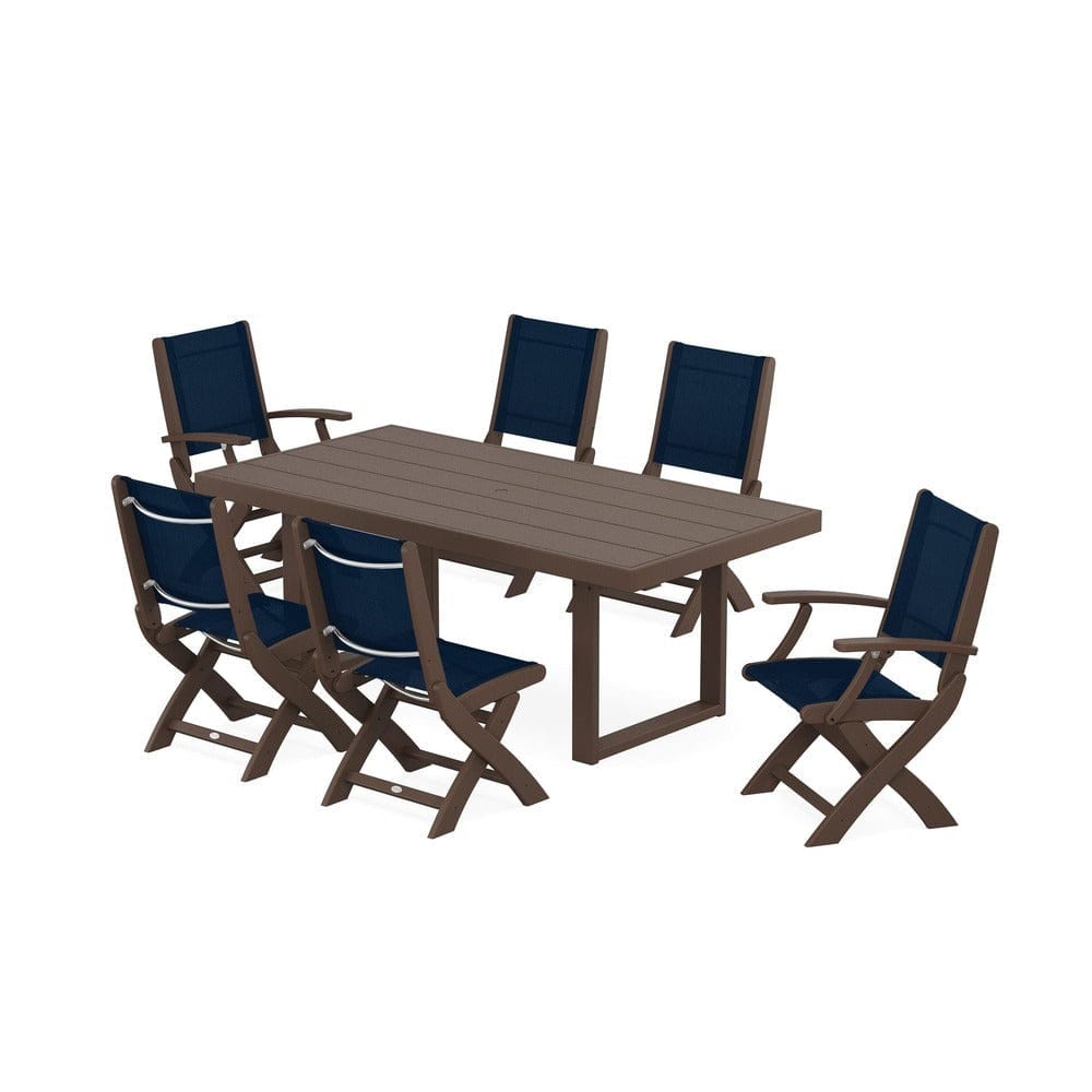 POLYWOOD® Outdoor Furniture Mahogany / Navy Blue Sling POLYWOOD® - Coastal Folding Chair 7-Piece Dining Set with Trestle Legs - PWS871