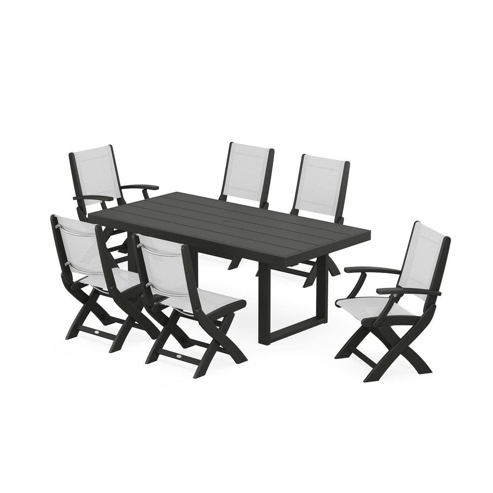 POLYWOOD® Outdoor Furniture Black / White Sling POLYWOOD® - Coastal Folding Chair 7-Piece Dining Set with Trestle Legs - PWS871