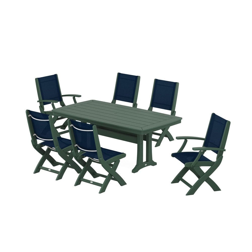 POLYWOOD® Outdoor Furniture Green / Navy Blue Sling POLYWOOD® - Coastal Folding Chair 7-Piece Dining Set with Trestle Legs - PWS1037