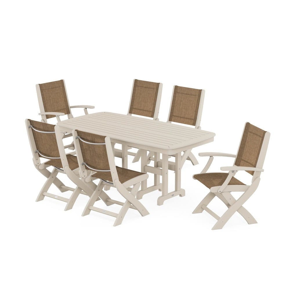 POLYWOOD® Outdoor Furniture Sand / Burlap Sling POLYWOOD® - Coastal Folding Chair 7-Piece Dining Set - PWS1264