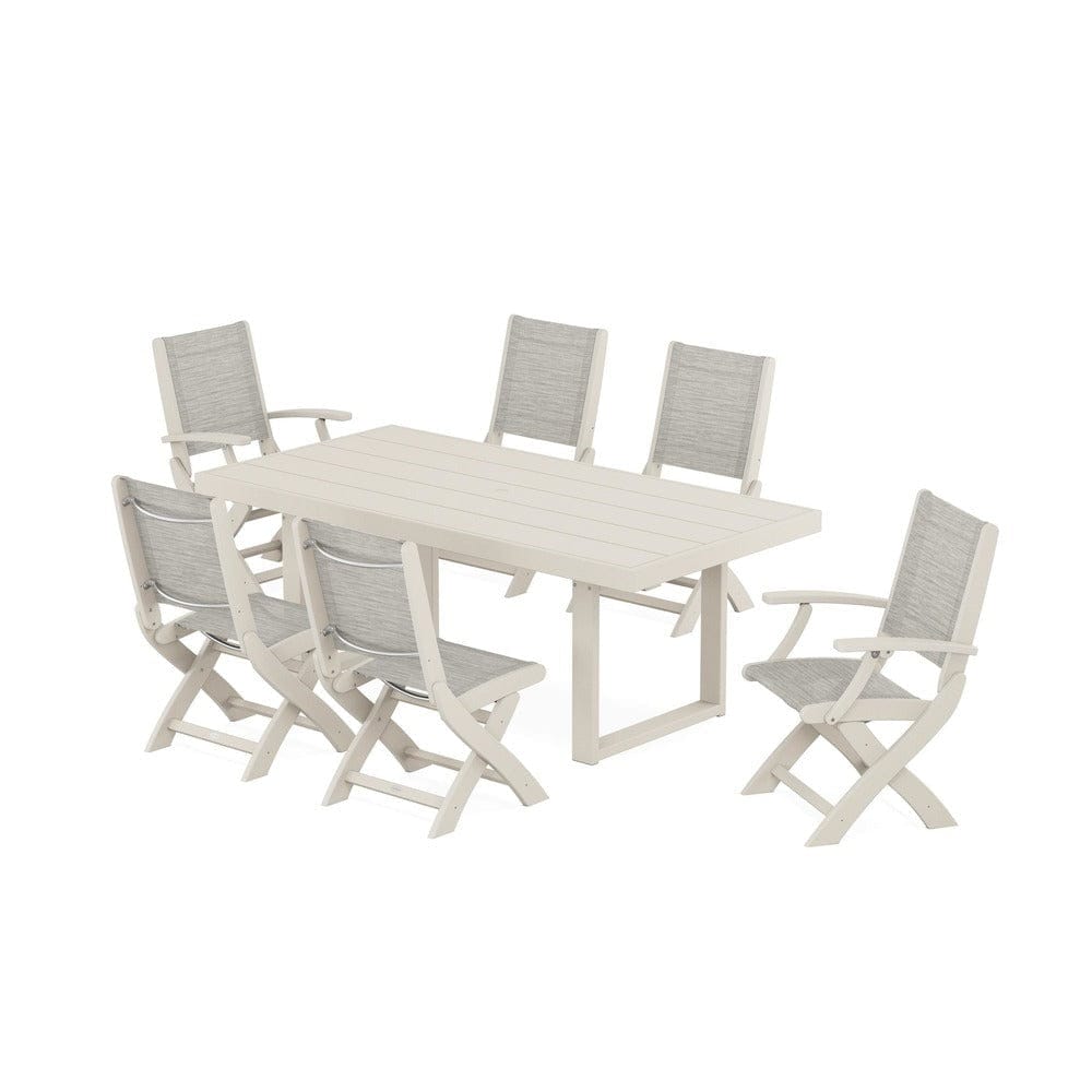 POLYWOOD® Outdoor Furniture Sand / Birch Sling POLYWOOD® - Coastal Folding Chair 7-Piece Dining Set with Trestle Legs - PWS871