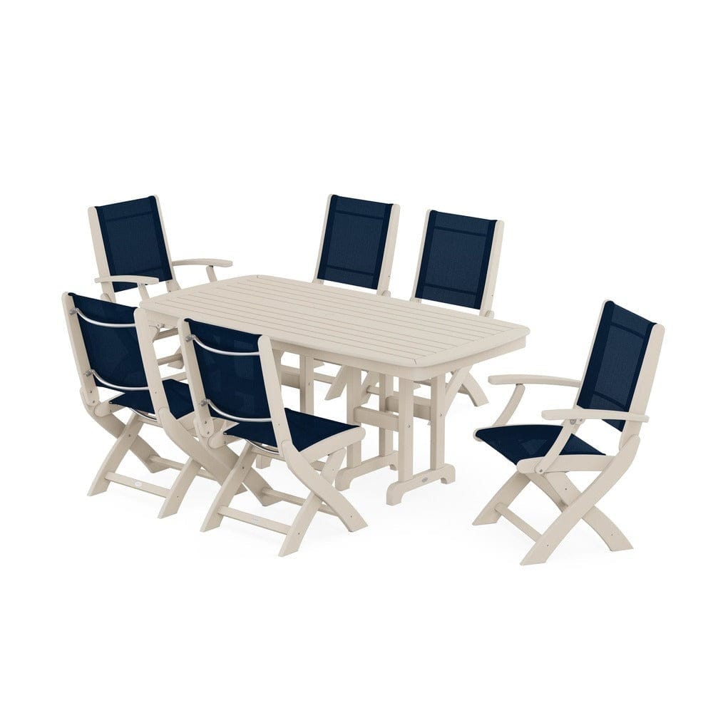 POLYWOOD® Outdoor Furniture Sand / Navy Blue Sling POLYWOOD® - Coastal Folding Chair 7-Piece Dining Set - PWS1264
