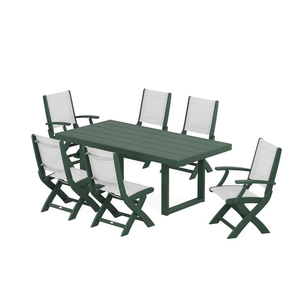 POLYWOOD® Outdoor Furniture Green / White Sling POLYWOOD® - Coastal Folding Chair 7-Piece Dining Set with Trestle Legs - PWS871