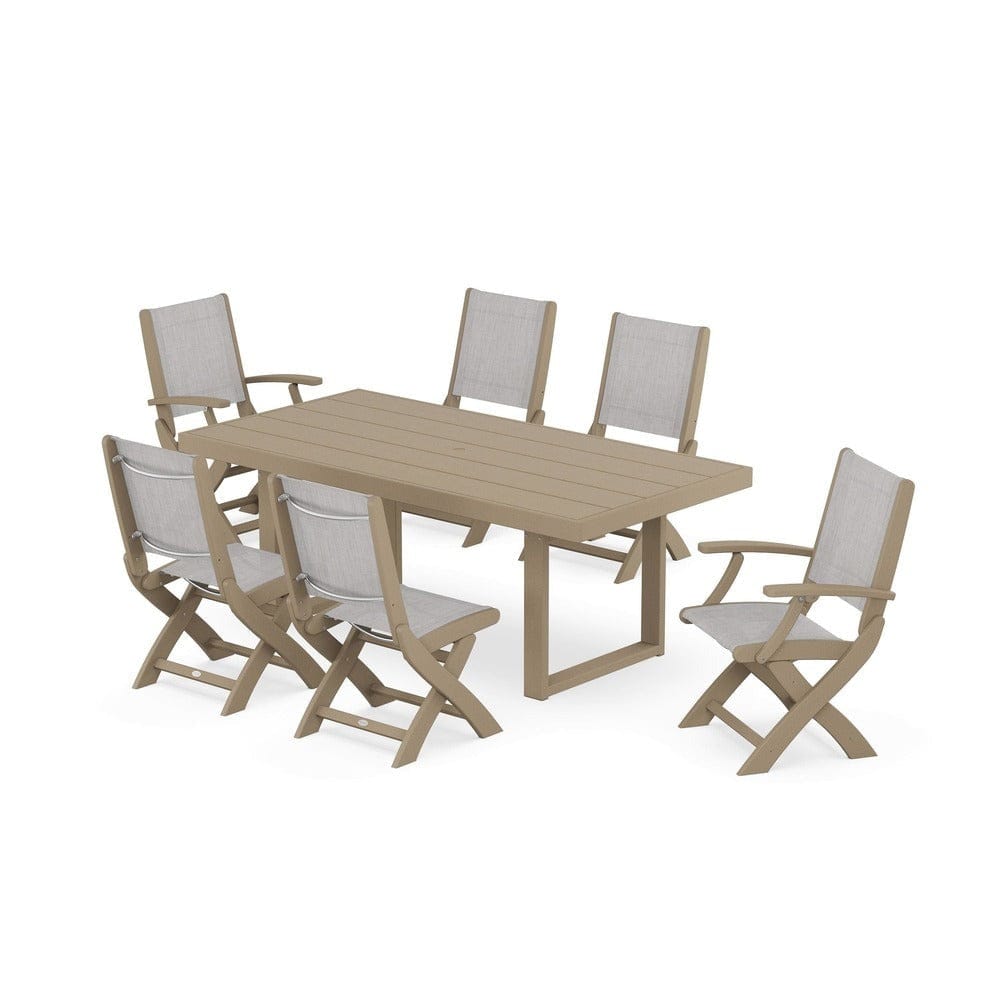 POLYWOOD® Outdoor Furniture Vintage Sahara / Parchment Sling POLYWOOD® - Coastal Folding Chair 7-Piece Dining Set with Trestle Legs - PWS871