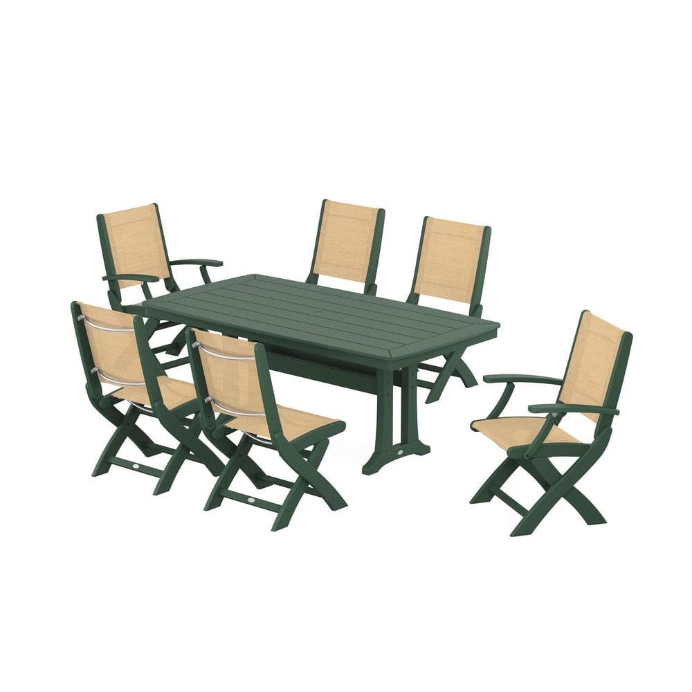 POLYWOOD® Outdoor Furniture Green / Dupioni Apricot Sling POLYWOOD® - Coastal Folding Chair 7-Piece Dining Set with Trestle Legs - PWS1037