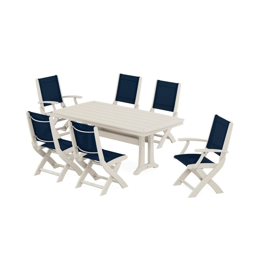 POLYWOOD® Outdoor Furniture Sand / Navy Blue Sling POLYWOOD® - Coastal Folding Chair 7-Piece Dining Set with Trestle Legs - PWS1037