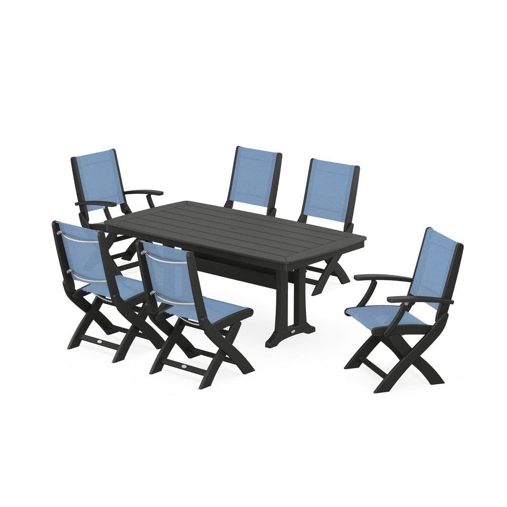 POLYWOOD® Outdoor Furniture Black / Poolside Sling POLYWOOD® - Coastal Folding Chair 7-Piece Dining Set with Trestle Legs - PWS1037
