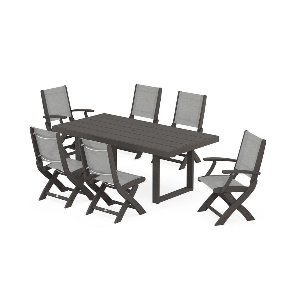 POLYWOOD® Outdoor Furniture Vintage Coffee / Metallic Sling POLYWOOD® - Coastal Folding Chair 7-Piece Dining Set with Trestle Legs - PWS871