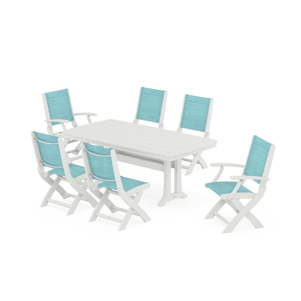 POLYWOOD® Outdoor Furniture POLYWOOD® - Coastal Folding Chair 7-Piece Dining Set with Trestle Legs - PWS1037
