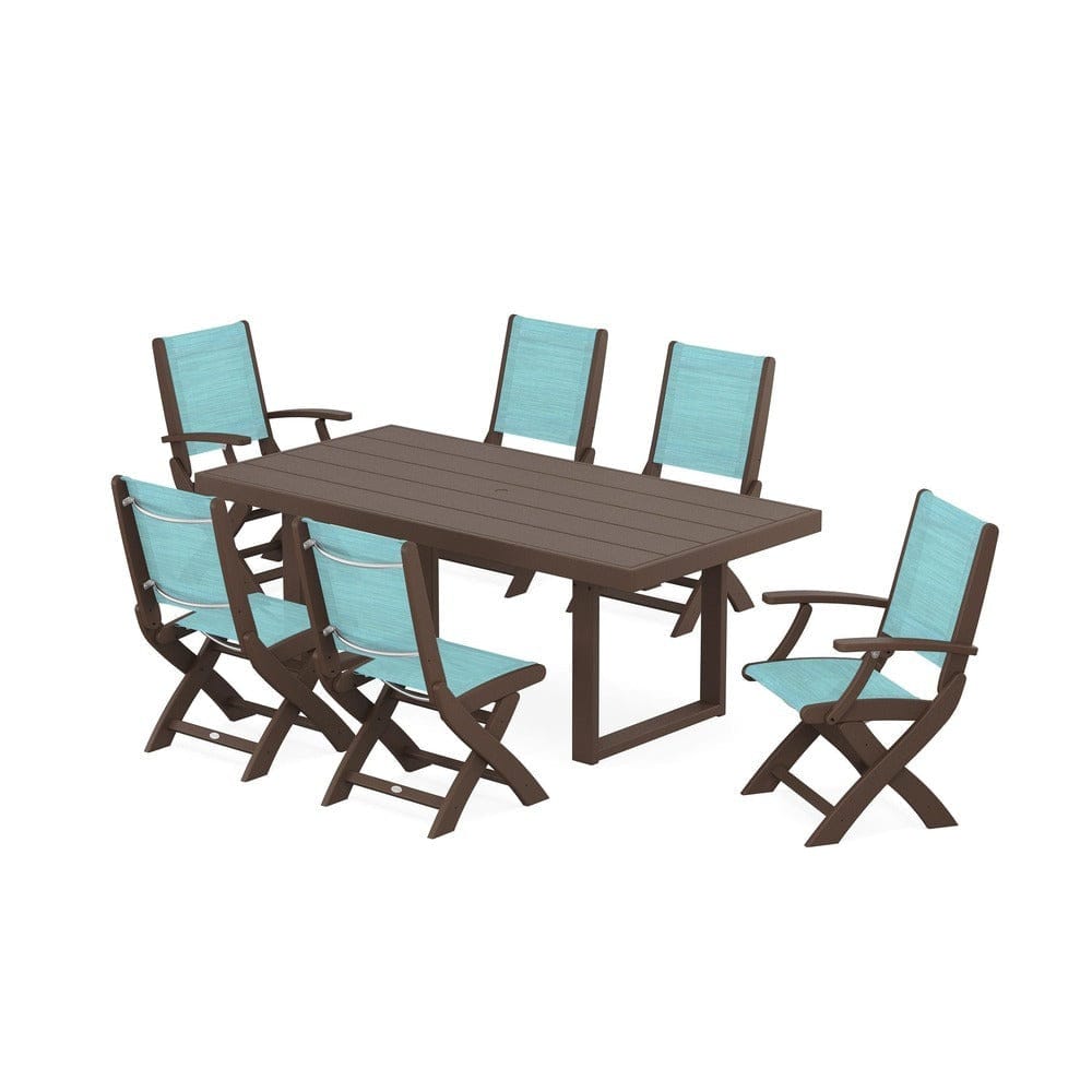 POLYWOOD® Outdoor Furniture Mahogany / Dupioni Aquamarine Sling POLYWOOD® - Coastal Folding Chair 7-Piece Dining Set with Trestle Legs - PWS871