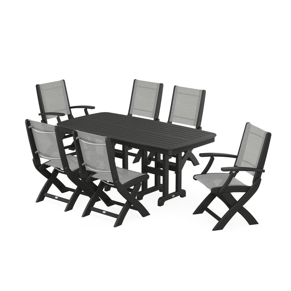 POLYWOOD® Outdoor Furniture Black / Metallic Sling POLYWOOD® - Coastal Folding Chair 7-Piece Dining Set - PWS1264
