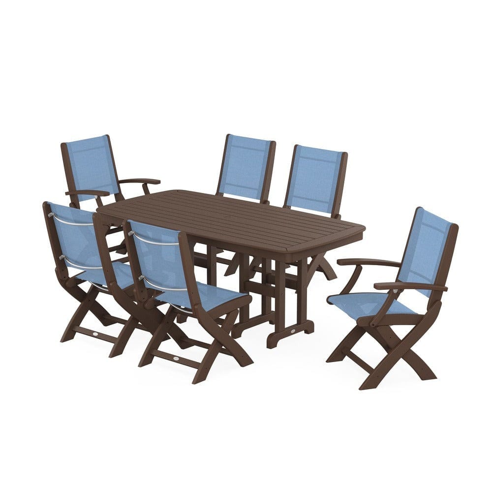 POLYWOOD® Outdoor Furniture Mahogany / Poolside Sling POLYWOOD® - Coastal Folding Chair 7-Piece Dining Set - PWS1264