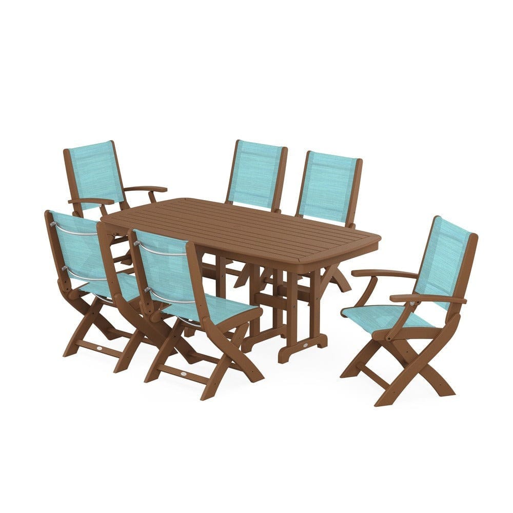 POLYWOOD® Outdoor Furniture Teak / Dupioni Aquamarine Sling POLYWOOD® - Coastal Folding Chair 7-Piece Dining Set - PWS1264