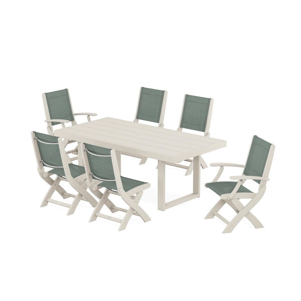 POLYWOOD® Outdoor Furniture Sand / Dupioni Sea Mist Sling POLYWOOD® - Coastal Folding Chair 7-Piece Dining Set with Trestle Legs - PWS871
