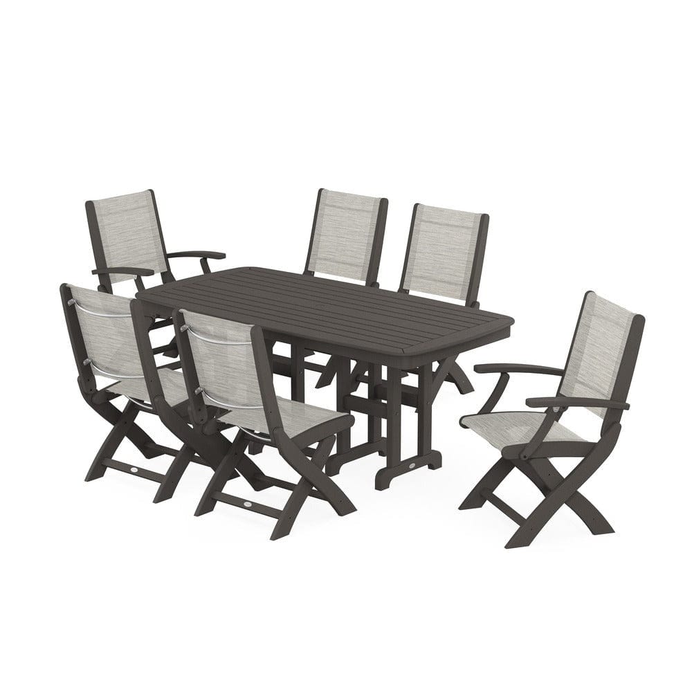 POLYWOOD® Outdoor Furniture Vintage Coffee / Birch Sling POLYWOOD® - Coastal Folding Chair 7-Piece Dining Set - PWS1264