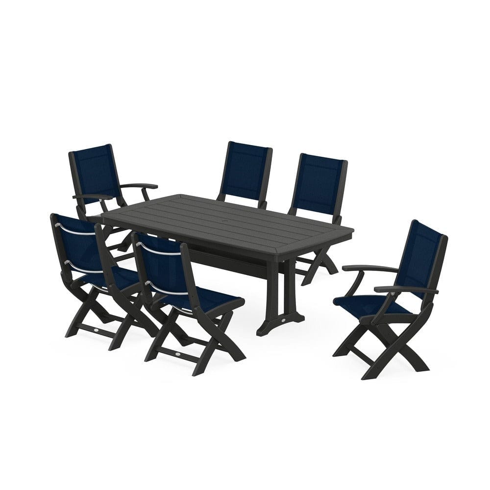 POLYWOOD® Outdoor Furniture Black / Navy Blue Sling POLYWOOD® - Coastal Folding Chair 7-Piece Dining Set with Trestle Legs - PWS1037