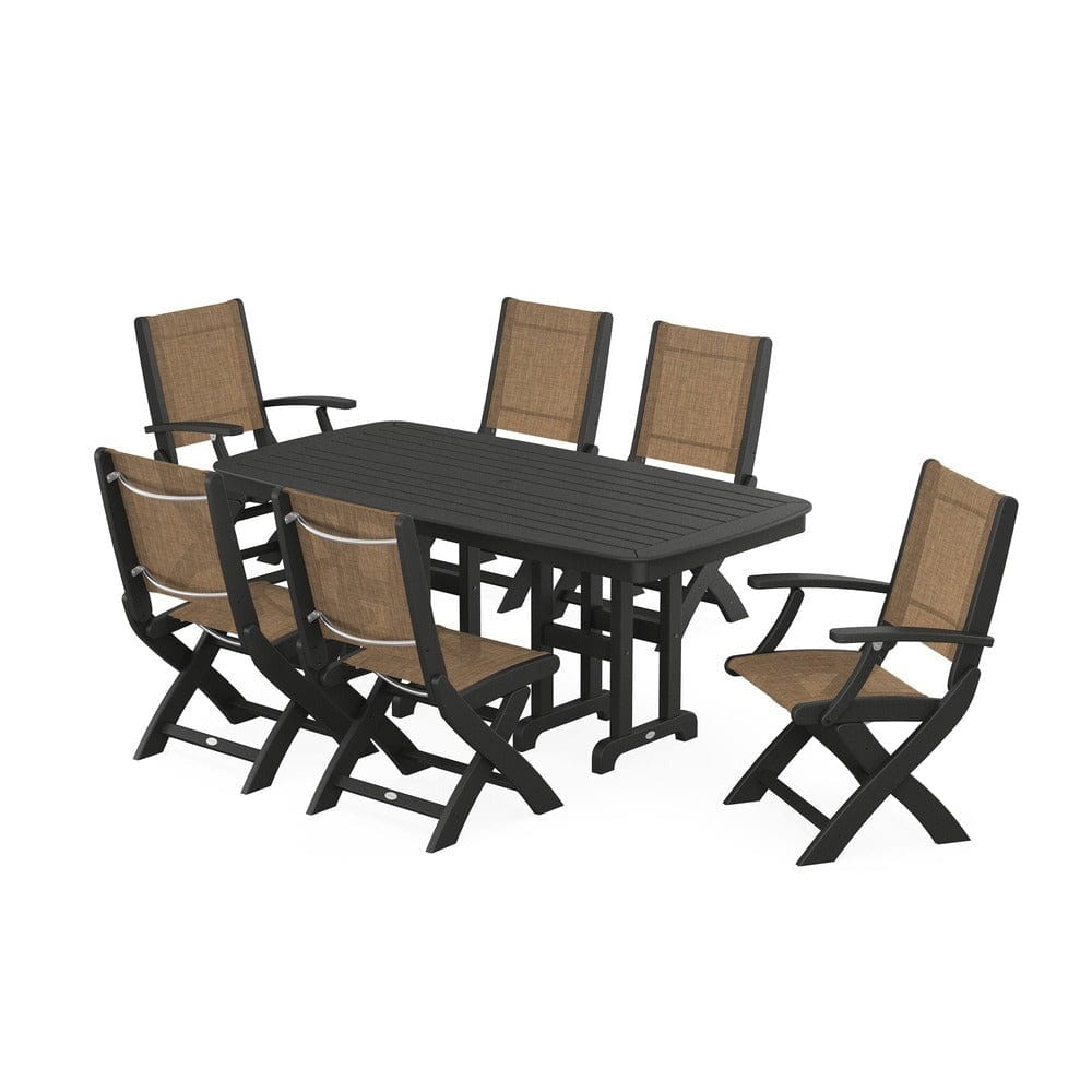 POLYWOOD® Outdoor Furniture Black / Burlap Sling POLYWOOD® - Coastal Folding Chair 7-Piece Dining Set - PWS1264