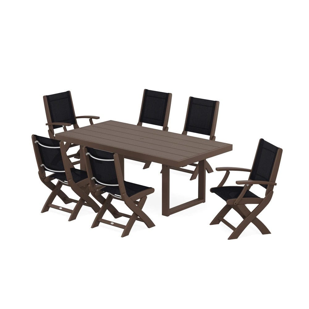 POLYWOOD® Outdoor Furniture Mahogany / Black Sling POLYWOOD® - Coastal Folding Chair 7-Piece Dining Set with Trestle Legs - PWS871