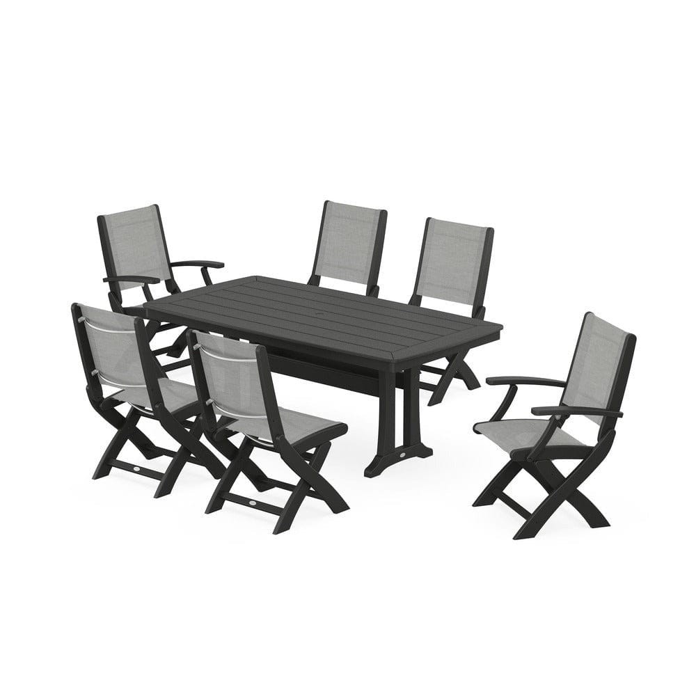 POLYWOOD® Outdoor Furniture Black / Metallic Sling POLYWOOD® - Coastal Folding Chair 7-Piece Dining Set with Trestle Legs - PWS1037