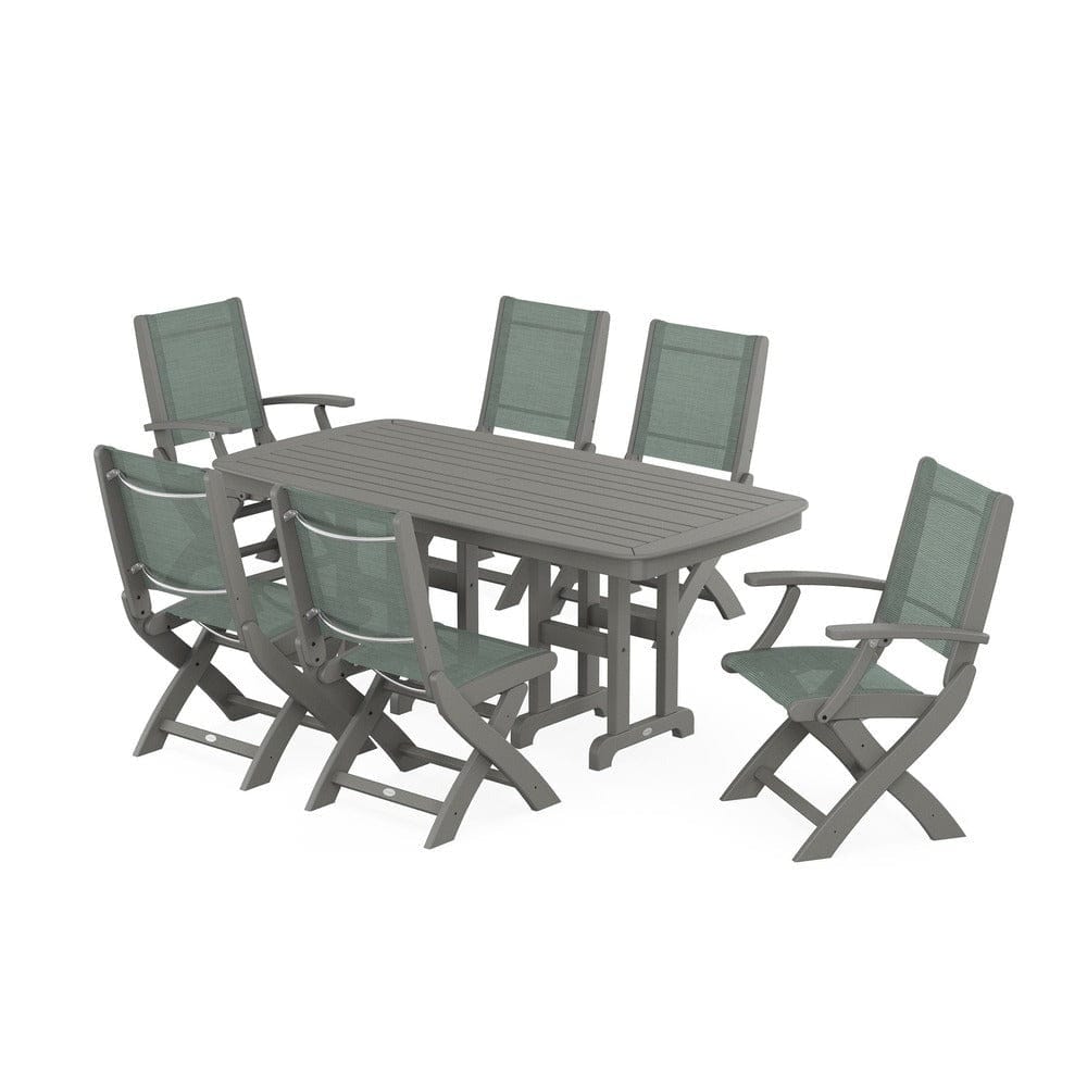 POLYWOOD® Outdoor Furniture Slate Grey / Dupioni Sea Mist Sling POLYWOOD® - Coastal Folding Chair 7-Piece Dining Set - PWS1264