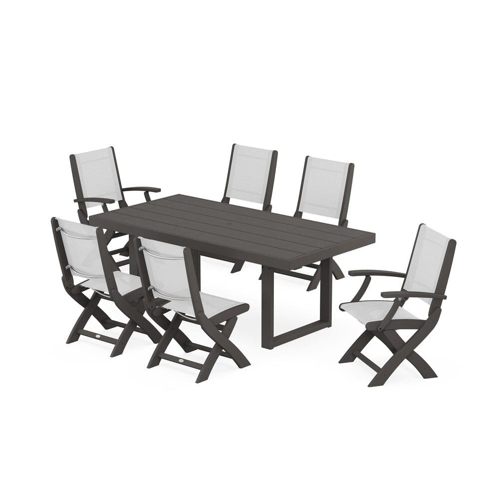 POLYWOOD® Outdoor Furniture Vintage Coffee / White Sling POLYWOOD® - Coastal Folding Chair 7-Piece Dining Set with Trestle Legs - PWS871