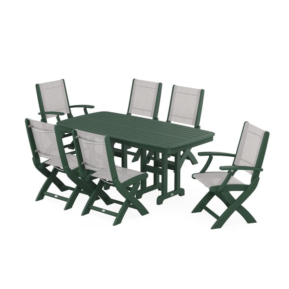 POLYWOOD® Outdoor Furniture Green / Parchment Sling POLYWOOD® - Coastal Folding Chair 7-Piece Dining Set - PWS1264