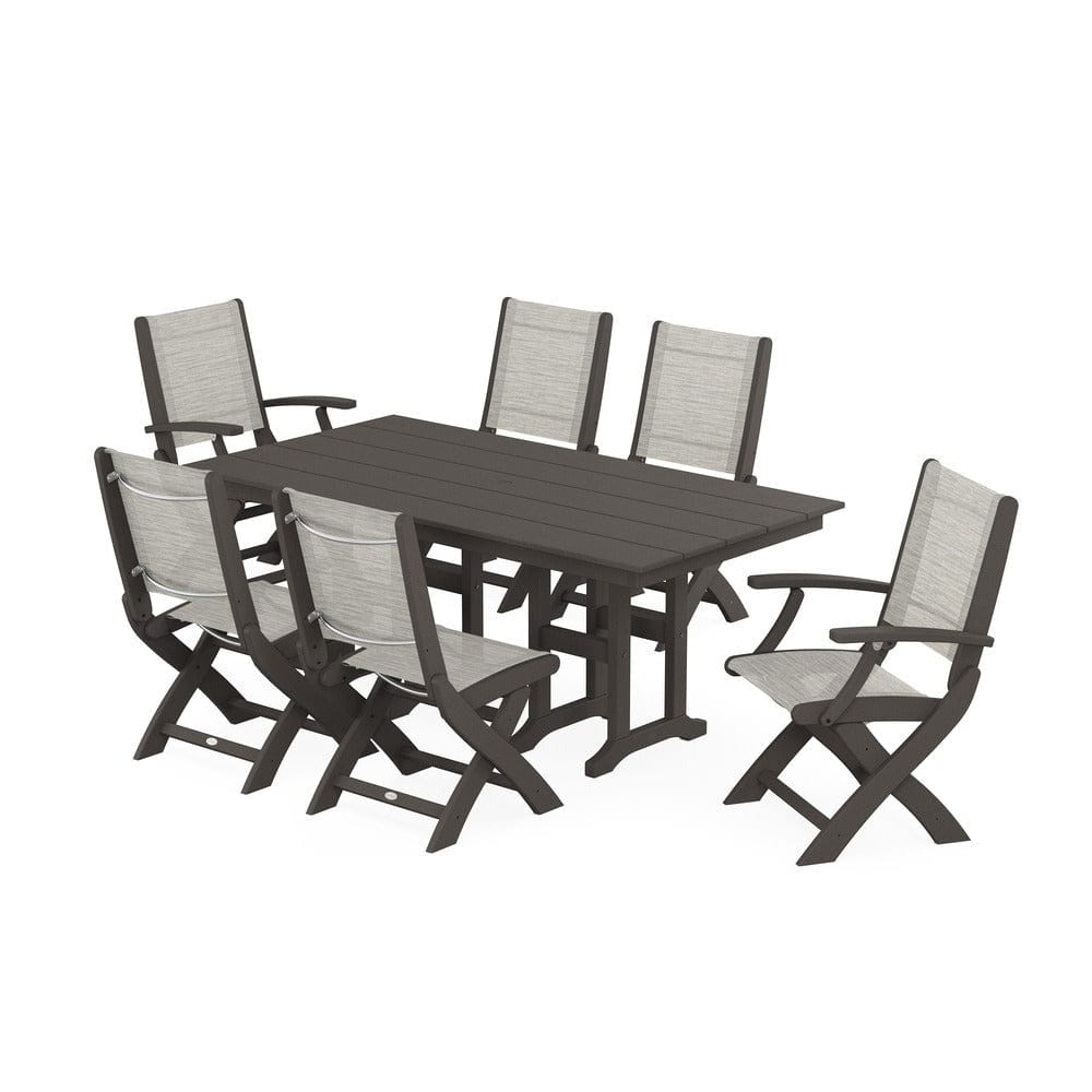 POLYWOOD® Outdoor Furniture Vintage Coffee / Birch Sling POLYWOOD® - Coastal Folding Chair 7-Piece Farmhouse Dining Set - PWS1176